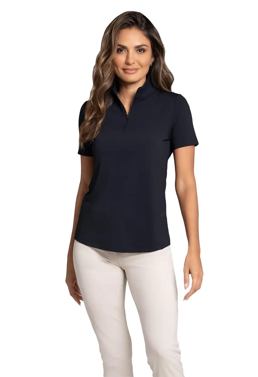 IBKUL Athleisure Wear Sun Protective UPF 50+ Icefil Cooling-Short Sleeve Mock Neck Black | UV & Sweat Control (70-120 chars) - main product image