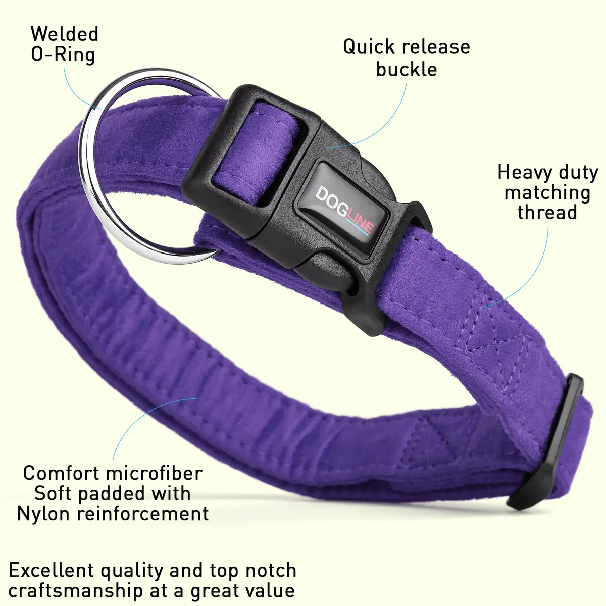 Dogline Pet Collar 3/4-Inch Wide Purple | Soft Microfiber, Reinforced Nylon, Machine Washable - view 2
