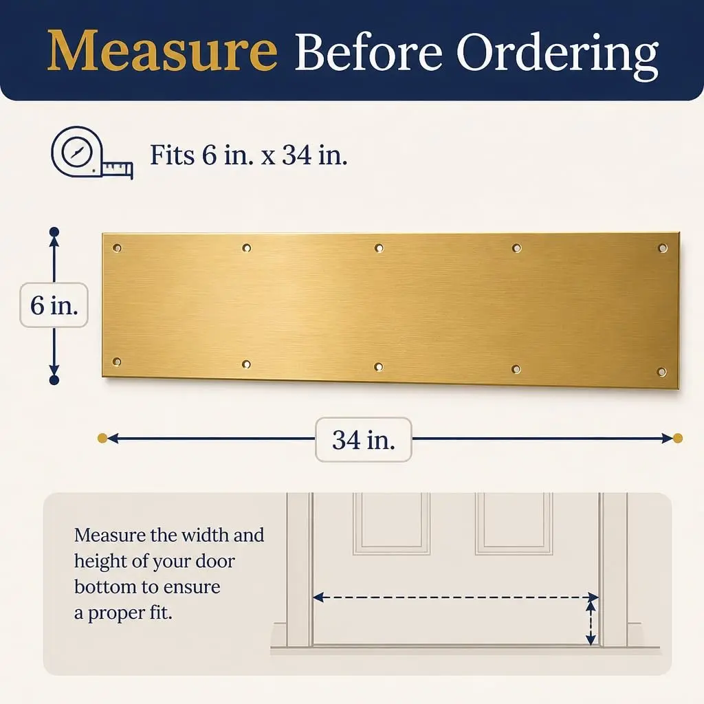 Prime-Line J 4703 6 in. x 34 in. Aluminum Door Kick Plate | Polished Brass Finish, Pre-Punched Mounting Holes - view 2
