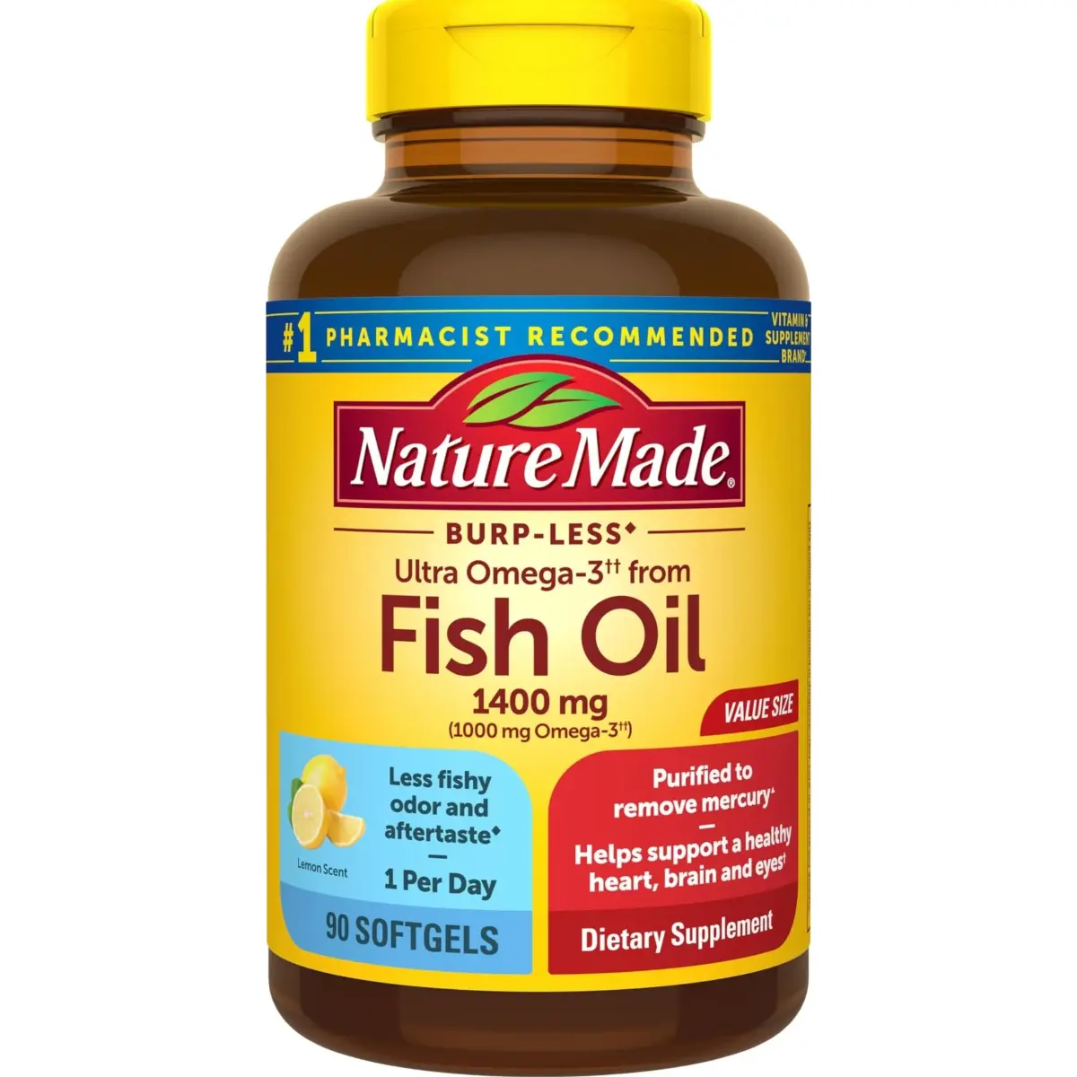 Nature Made Burp Less Ultra Omega 3 Fish Oil 1400mg Softgels, 90 Count | Supports Heart, Brain & Eye Health - main product image