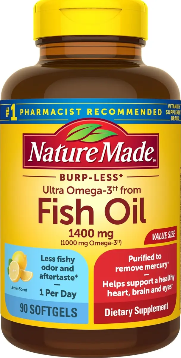 Nature Made Burp Less Ultra Omega 3 Fish Oil 1400mg Softgels, 90 Count | Supports Heart, Brain & Eye Health - main product image