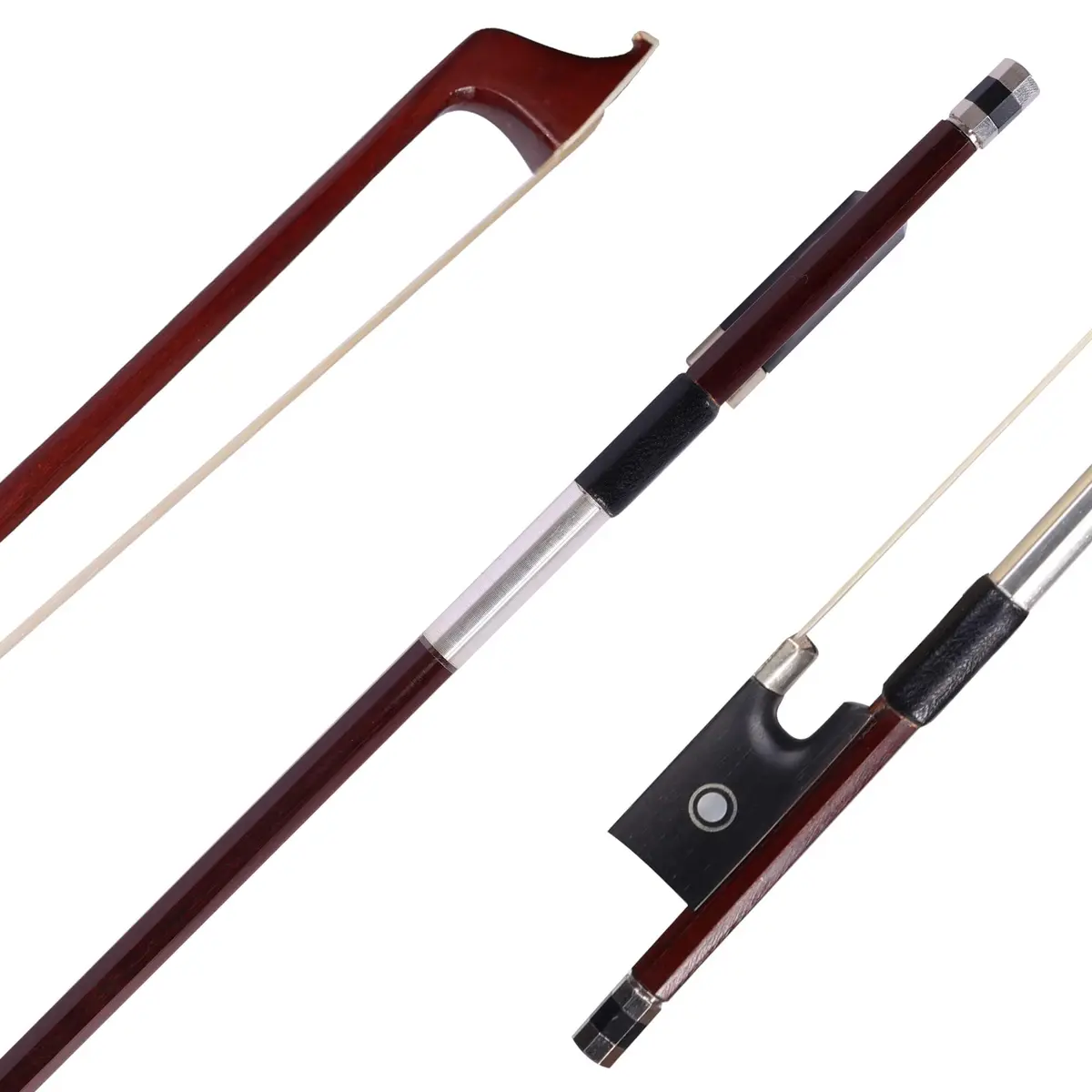 adm 4/4 Full Size Student Violin Bow with Horsehair, Brazilwood, Ebony Frog, Pearl Eye, Pearl Slide, Brown - main product image