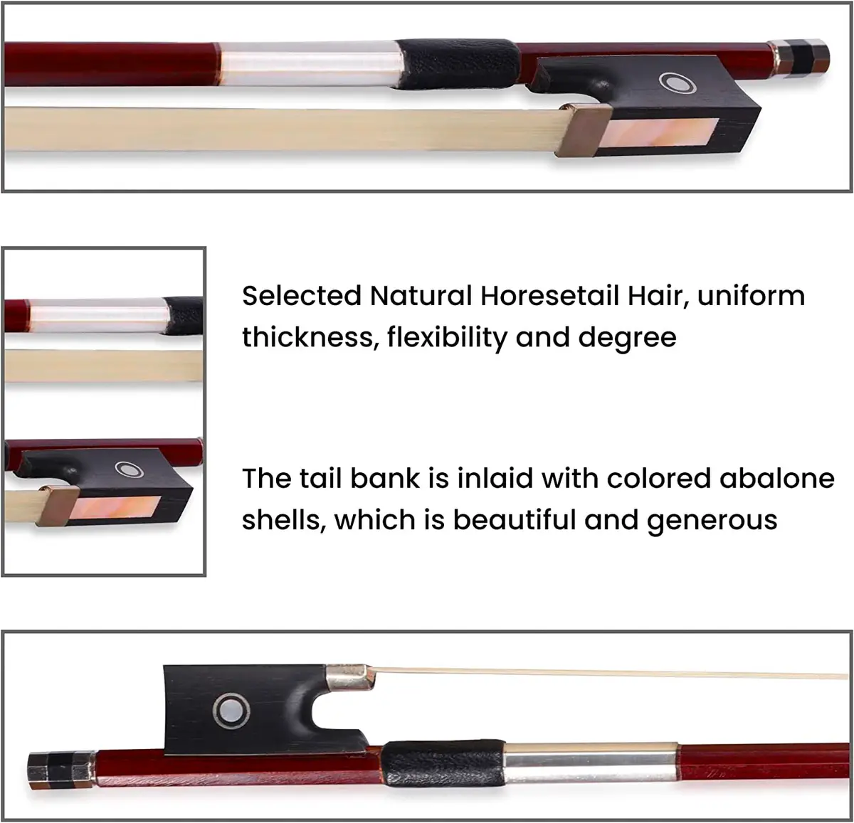 adm 4/4 Full Size Student Violin Bow with Horsehair, Brazilwood, Ebony Frog, Pearl Eye, Pearl Slide, Brown - view 6