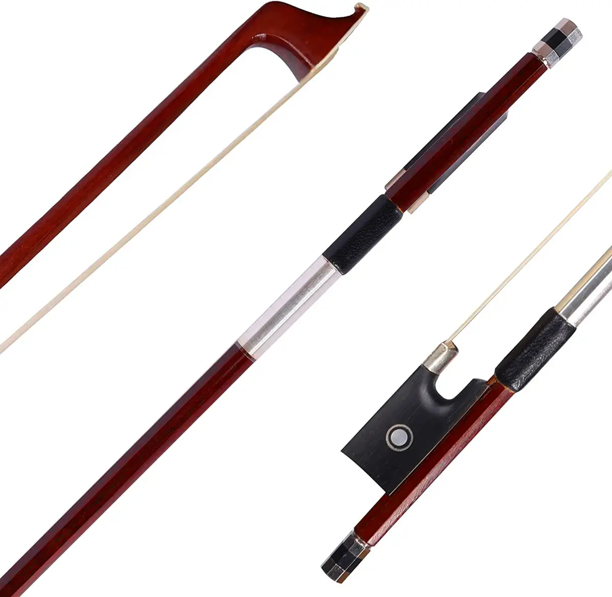 adm 4/4 Full Size Student Violin Bow with Horsehair, Brazilwood, Ebony Frog, Pearl Eye, Pearl Slide, Brown - view 9