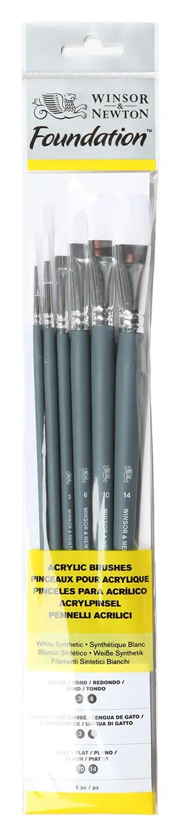 Winsor & Newton Foundation Acrylic Brush Set Long Handle 6 Pack | Synthetic Bristles for Acrylic & Oil Painting - main product image