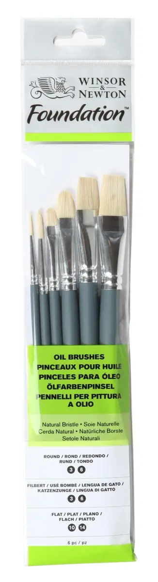 Winsor & Newton Foundation Oil Hog Brush Set, Short Handle, 6 Pack | Natural Hog Bristle Oil Brushes for Artists - main product image