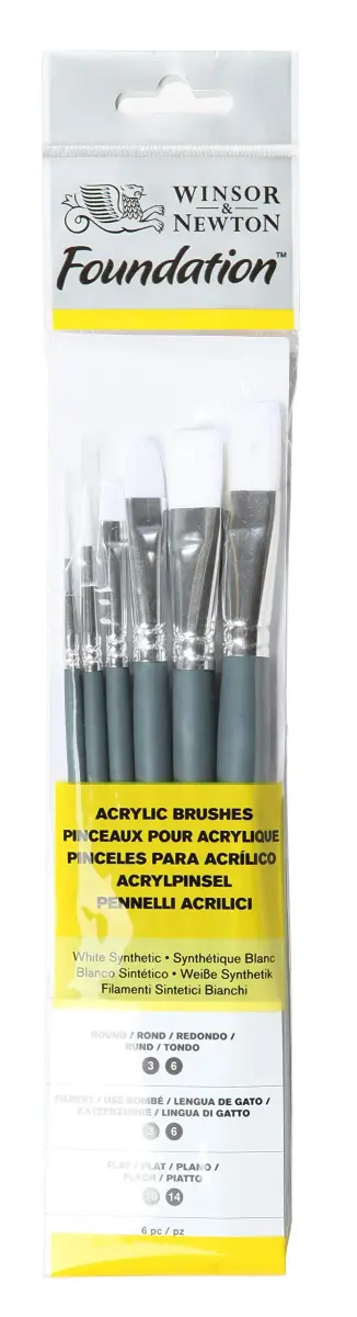 Winsor & Newton Foundation Synthetic Acrylic Brush Set, 6 Brushes (2 Round, 2 Filbert, 2 Flat) | Ideal for Acrylics & Oils - main product image
