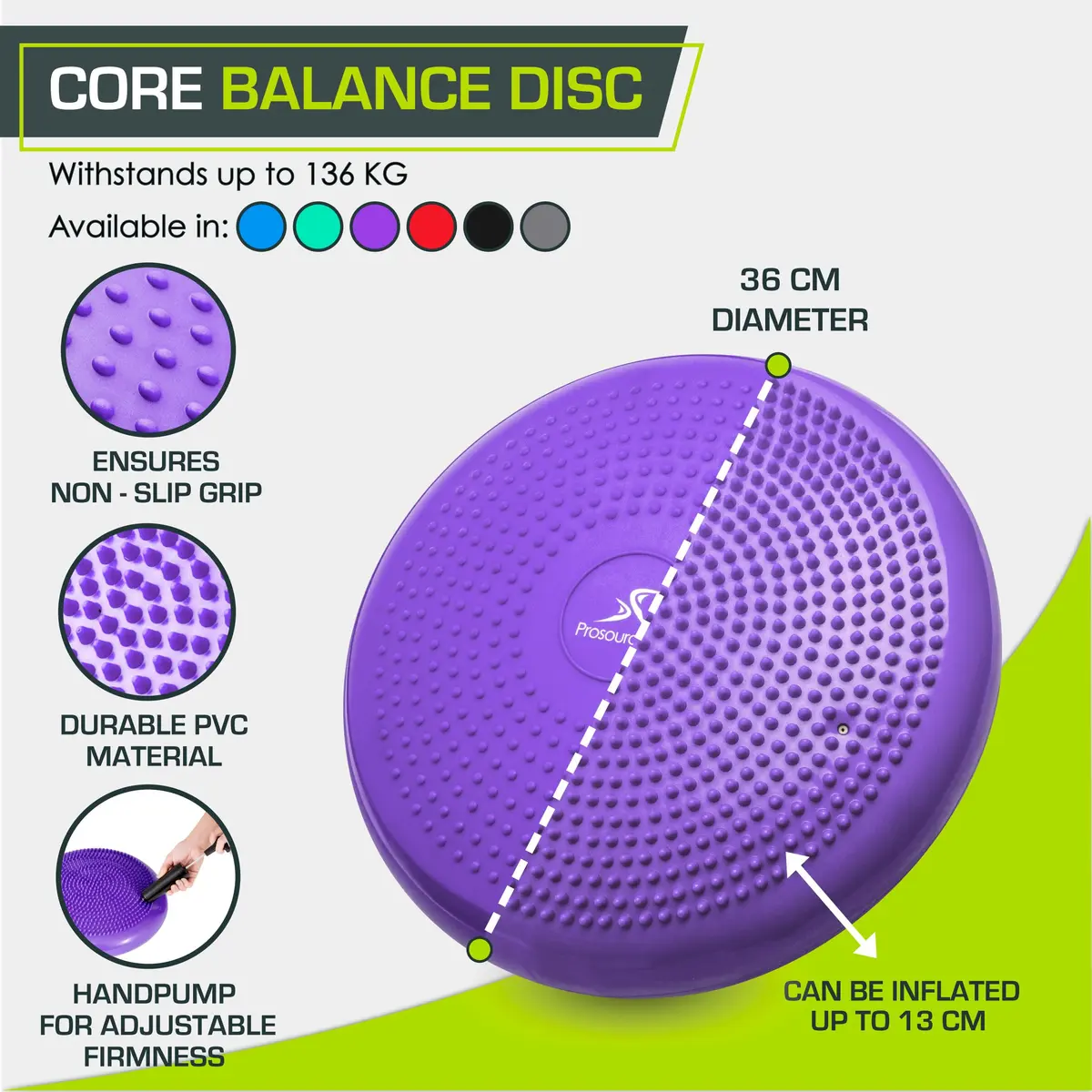 ProsourceFit Core Balance Disc Trainer, 14" Diameter with Pump for Fitness, Balance & Seating; Wobble Board for Core Stability; Flexible Floor Cushions for Kids, Purple - view 2