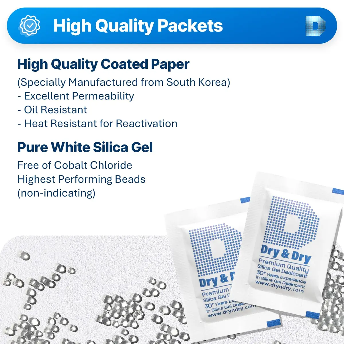Dry & Dry 5 Gram Silica Gel Packets (50 Count) | Rechargeable Moisture Absorbers for Food, Electronics, 3D Filament & Safes - view 2