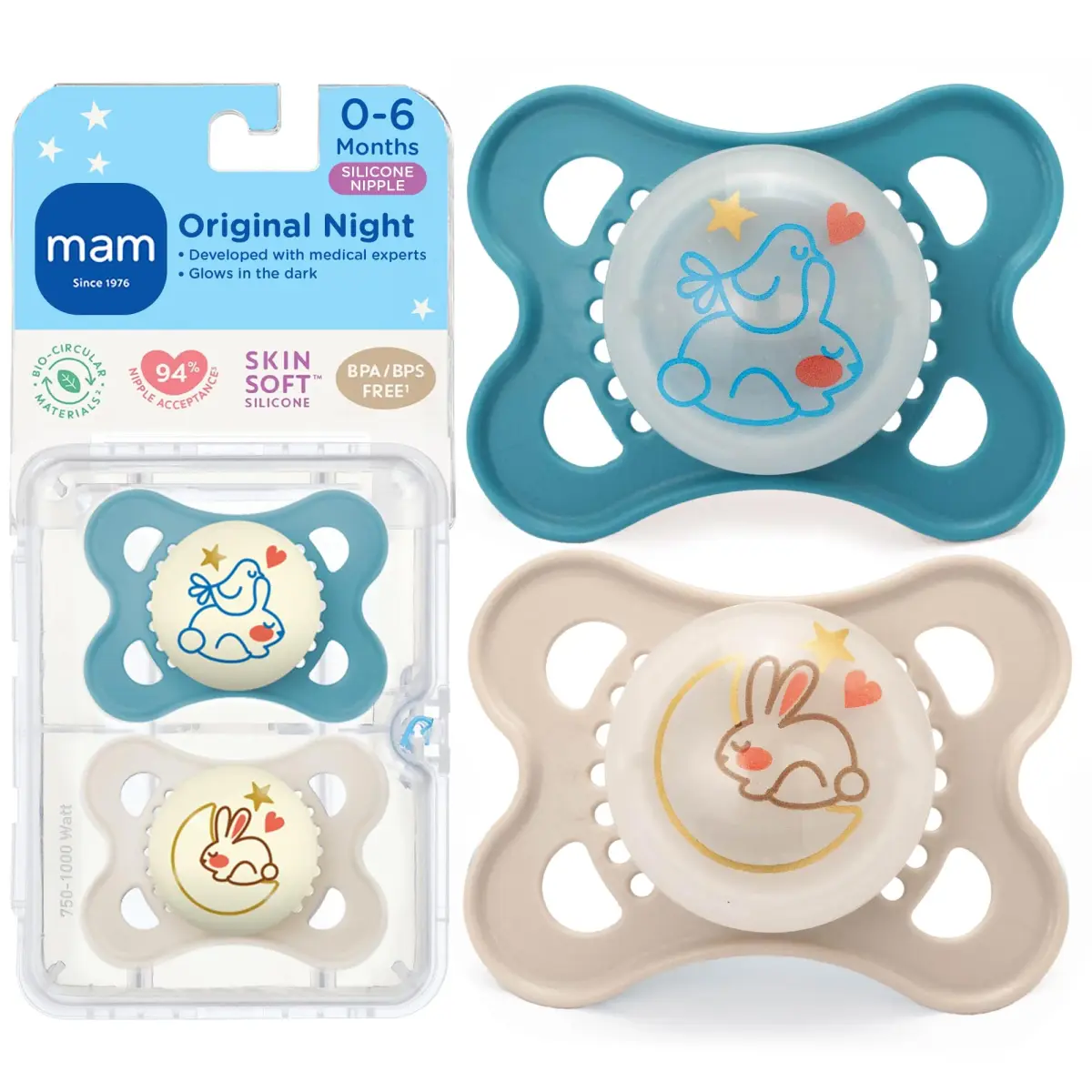 MAM Original Baby Pacifiers 0-6 Months, Glow-in-the-Dark, 2-Pack | Developed with Pediatric Dentists - main product image