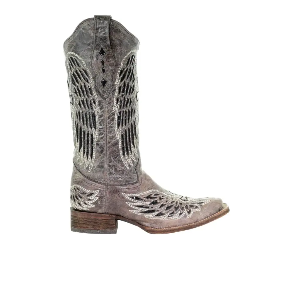 Corral Boots Womens Wings Tooled-Inlay Pull On Square Toe Casual Boots Mid Calf Low Heel 1-2" - Brown - Size 7 B - main product image