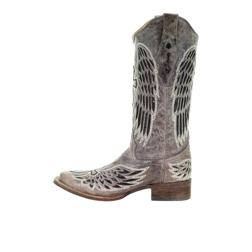Corral Boots Womens Wings Tooled-Inlay Pull On Square Toe Casual Boots Mid Calf Low Heel 1-2" - Brown - Size 7.5 - view 4