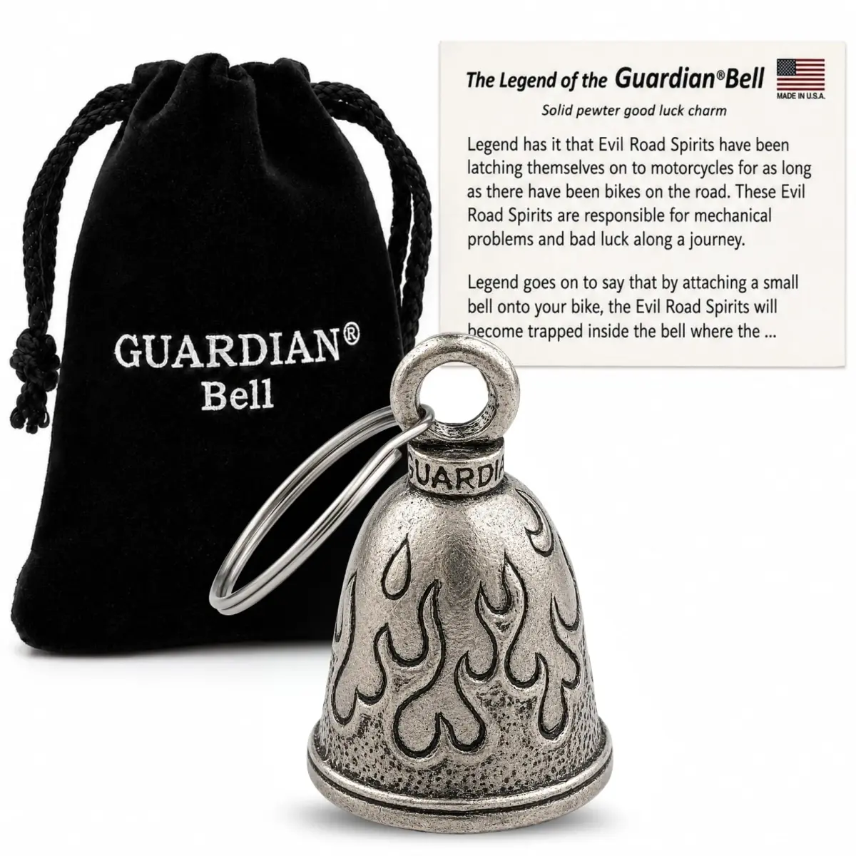 Guardian Bell Flame Bell Keychain | Motorcycle Good Luck Charm with Keyring & Gift Bag | 10g (0.35oz) - main product image