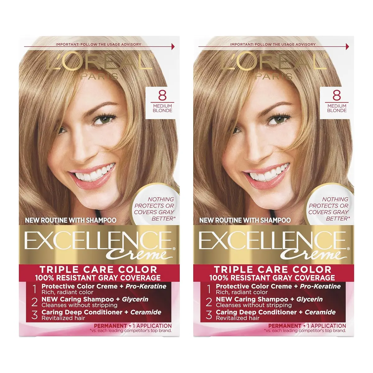 L'Oreal Paris Excellence Creme Permanent Hair Color 8 Medium Blonde | 2 Kit Pack, Rich Radiant Color - main product image