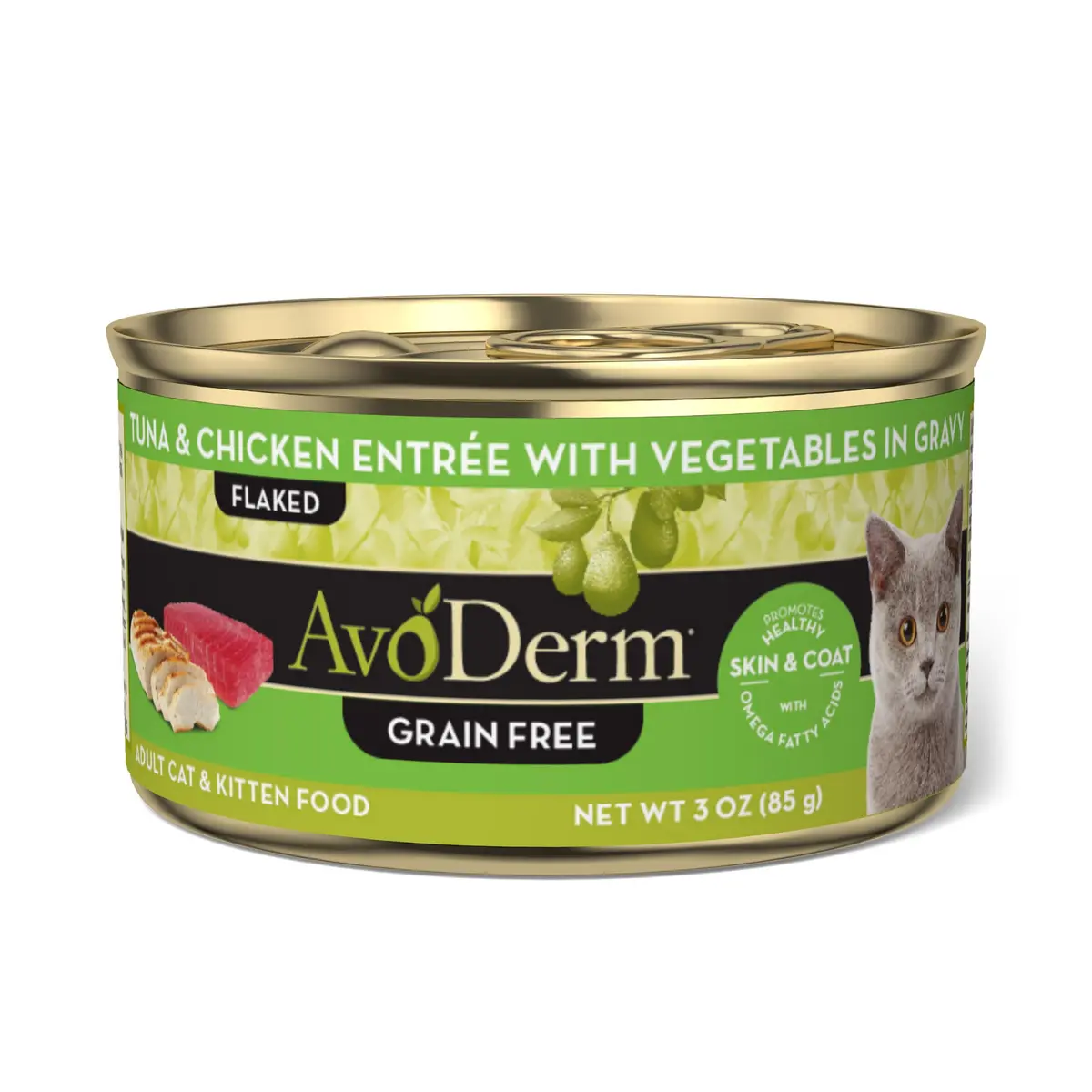 AvoDerm Natural Grain Free Tuna & Chicken Entrée with Vegetables Wet Cat Food 3 oz | Supports Healthy Skin & Coat - main product image