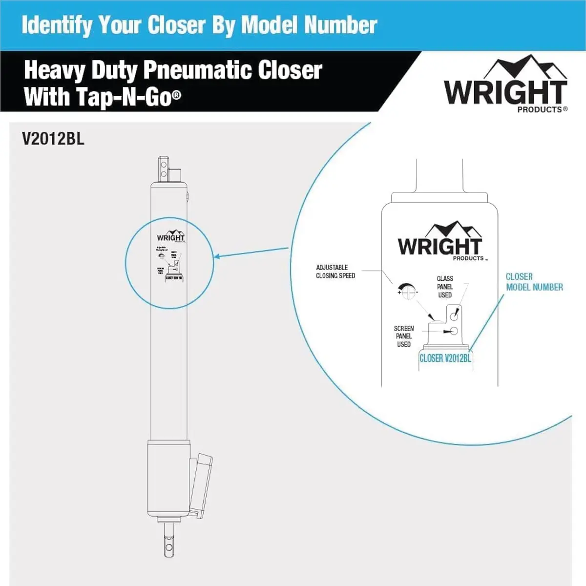 Wright Products V2012BL Heavy Duty Tap-N-Go Pneumatic Door Closer, Black | 38.1 cm (15 inches) Length - view 5