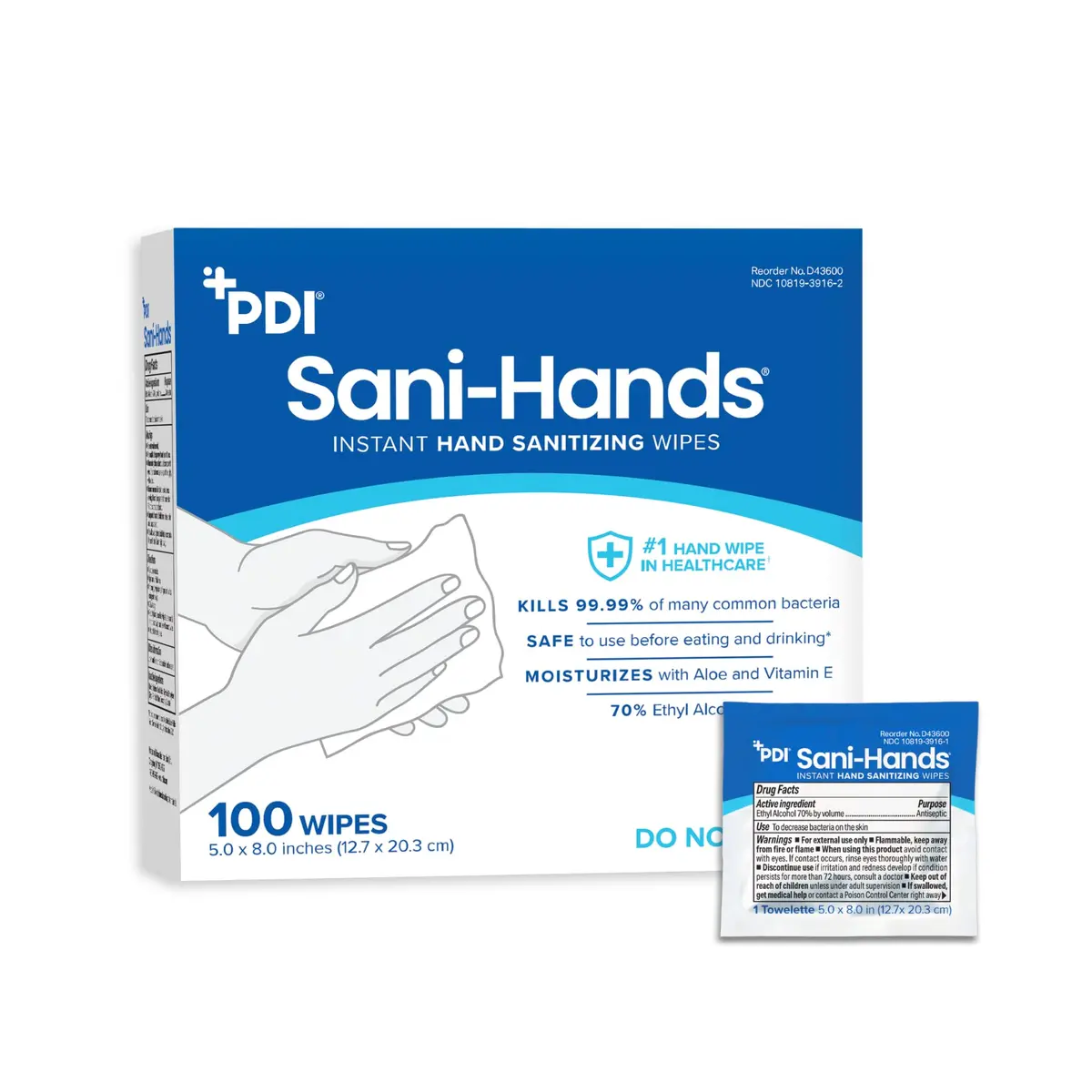 PDI Sani-Hands Hand Sanitizer Wipes 100 Packets | Kills 99.99% Germs, Moisturizes Hands - main product image