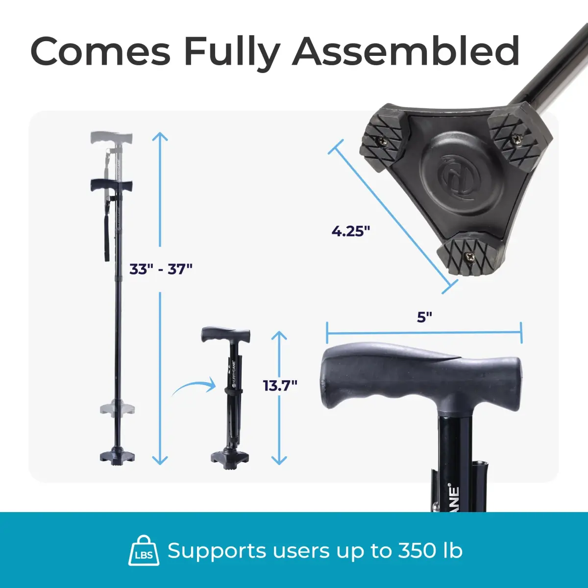 HurryCane Freedom Edition Foldable Walking Cane with T Handle, Black 30.5-37.5 inches | Patented SteadiGrip Base for Enhanced Stability - view 8
