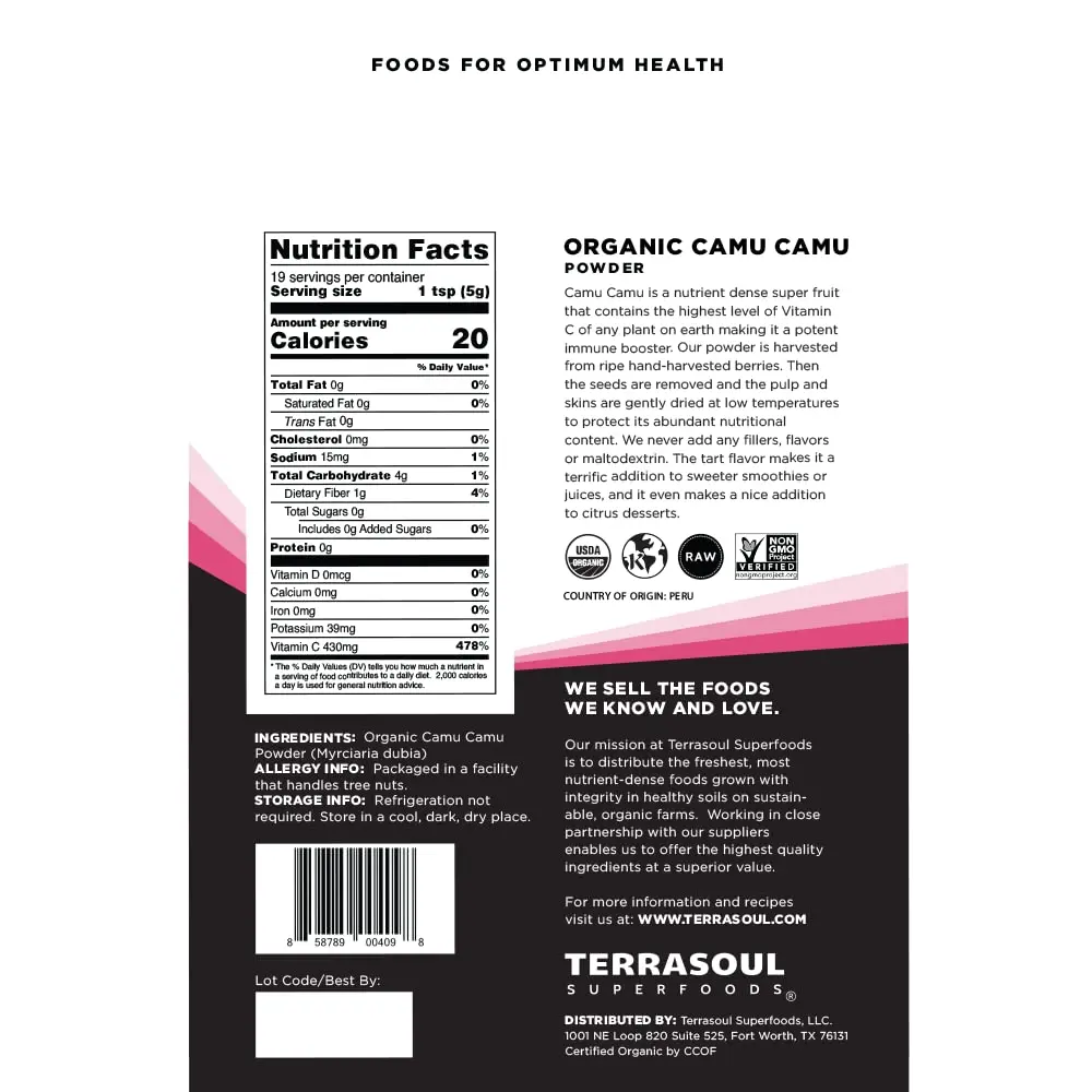 Terrasoul Superfoods Organic Camu Camu Powder 99g (3.5 Oz) | Certified Organic Immune Support - view 2