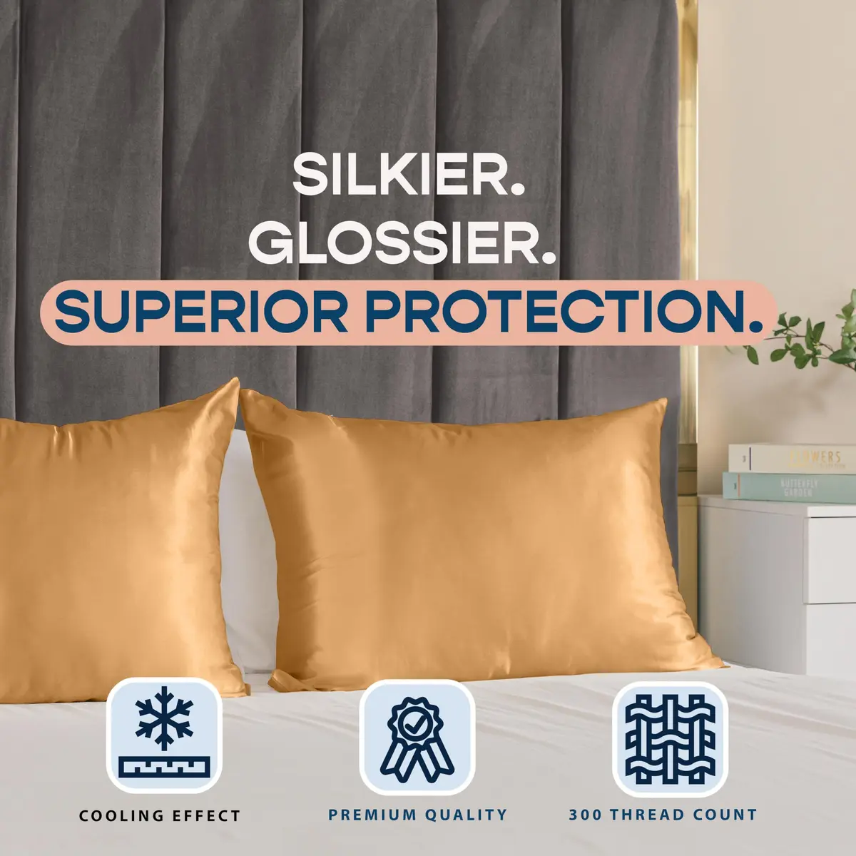 BLISSFORD Satin Pillowcase with Zipper, Like Silk Pillow Cases - Gold | Gentle on Hair & Skin, Zipper Closure, 2 Pack, Queen Size 20 x 30 in - view 7