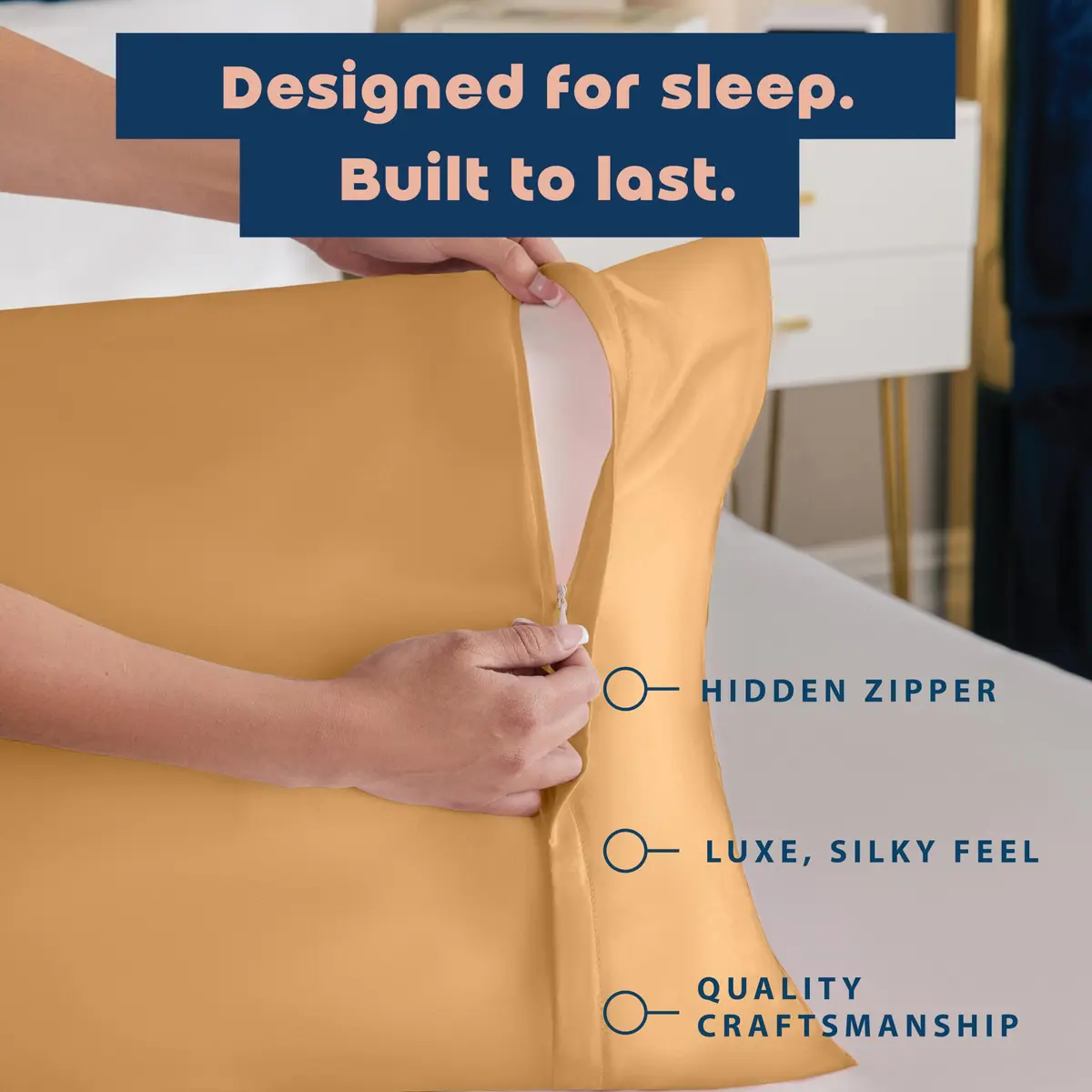 BLISSFORD Satin Pillowcase with Zipper, Like Silk Pillow Cases - Gold | Gentle on Hair & Skin, Zipper Closure, 2 Pack, Queen Size 20 x 30 in - view 4