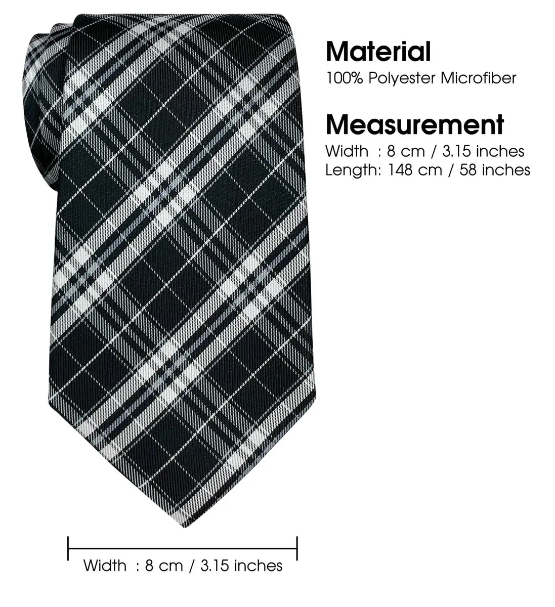 Retreez Plaid Checkered Men's Tie Black and White | 8 cm (3.15 inches) Wide - view 6