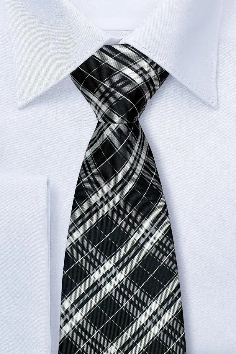 Retreez Plaid Checkered Men's Tie Black and White | 8 cm (3.15 inches) Wide - view 2