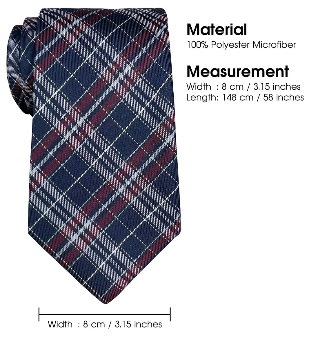 Retreez Plaid Checkered Men's Tie Navy Blue Burgundy 3.15 inches (8 cm) | Formal & Casual Microfiber Necktie - view 6
