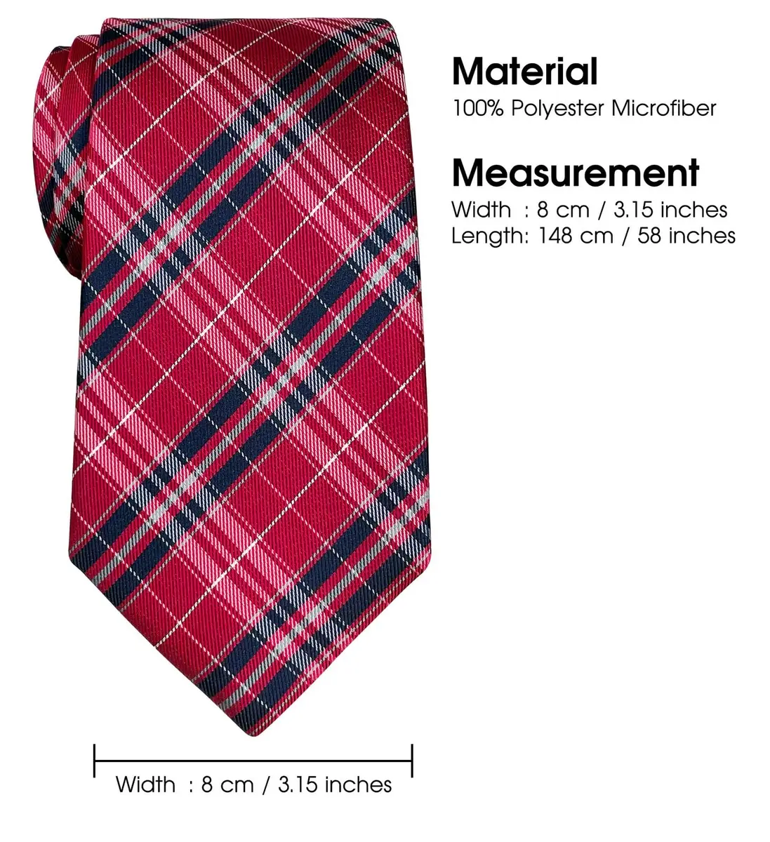 Retreez Plaid Checkered Men's Necktie - Red and Navy Blue, 8cm (3.15") Width, 148cm (58") Length - view 6