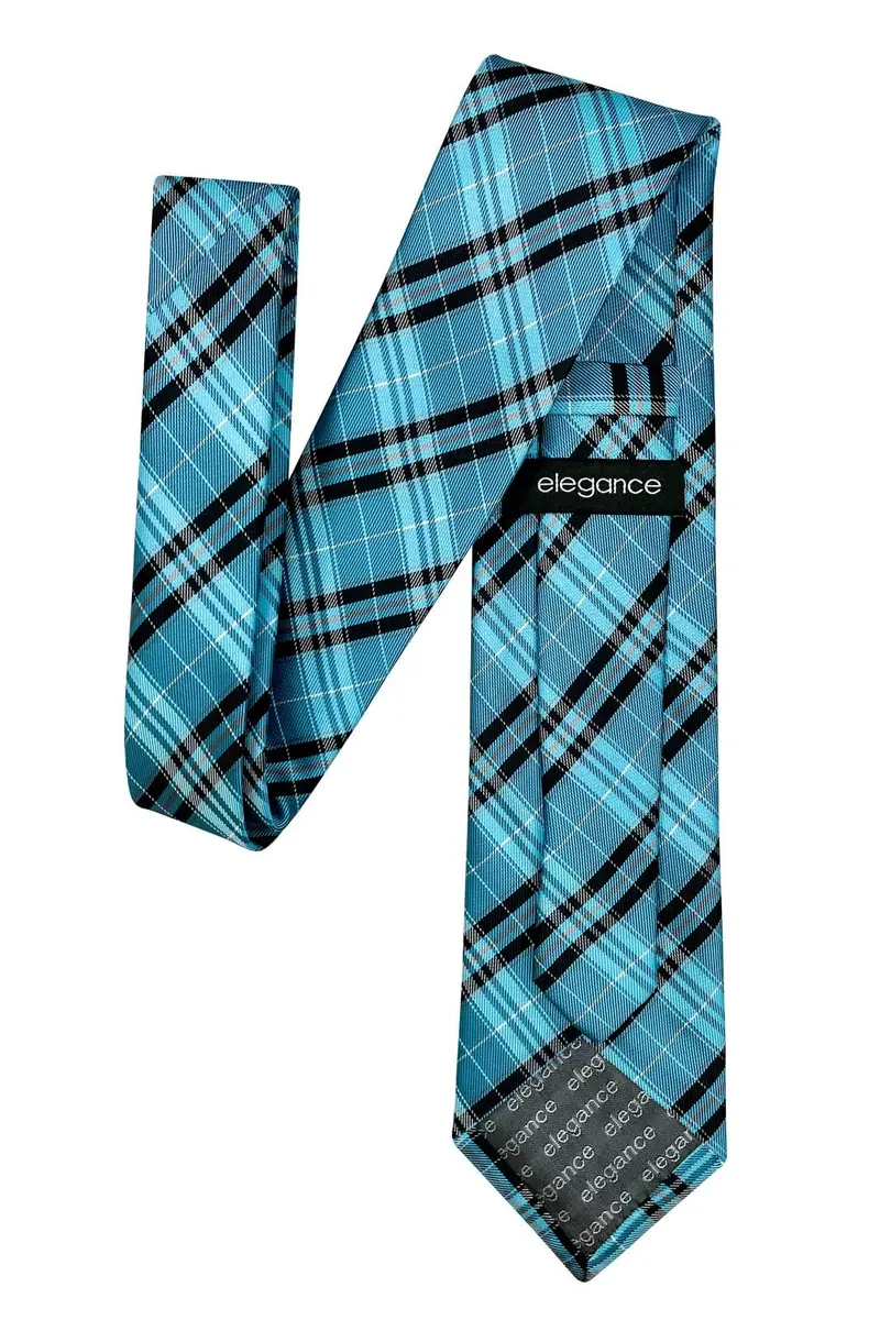 Retreez Plaid Checkered Men's Tie - Turquoise and Black | 8cm (3.15") Width, 148cm (58") Length - view 5