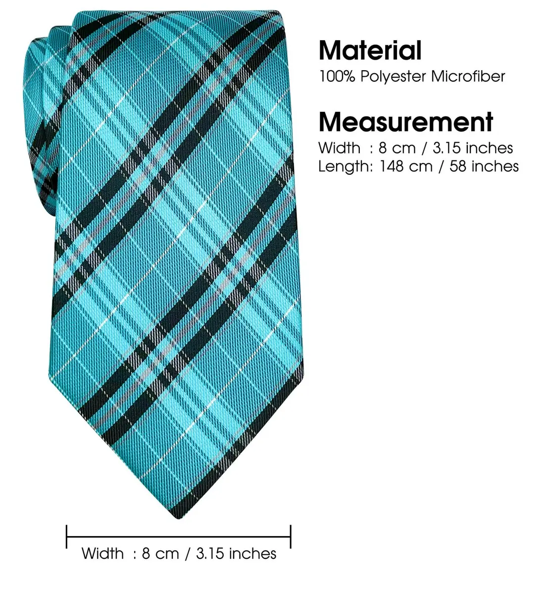 Retreez Plaid Checkered Men's Tie - Turquoise and Black | 8cm (3.15") Width, 148cm (58") Length - view 6
