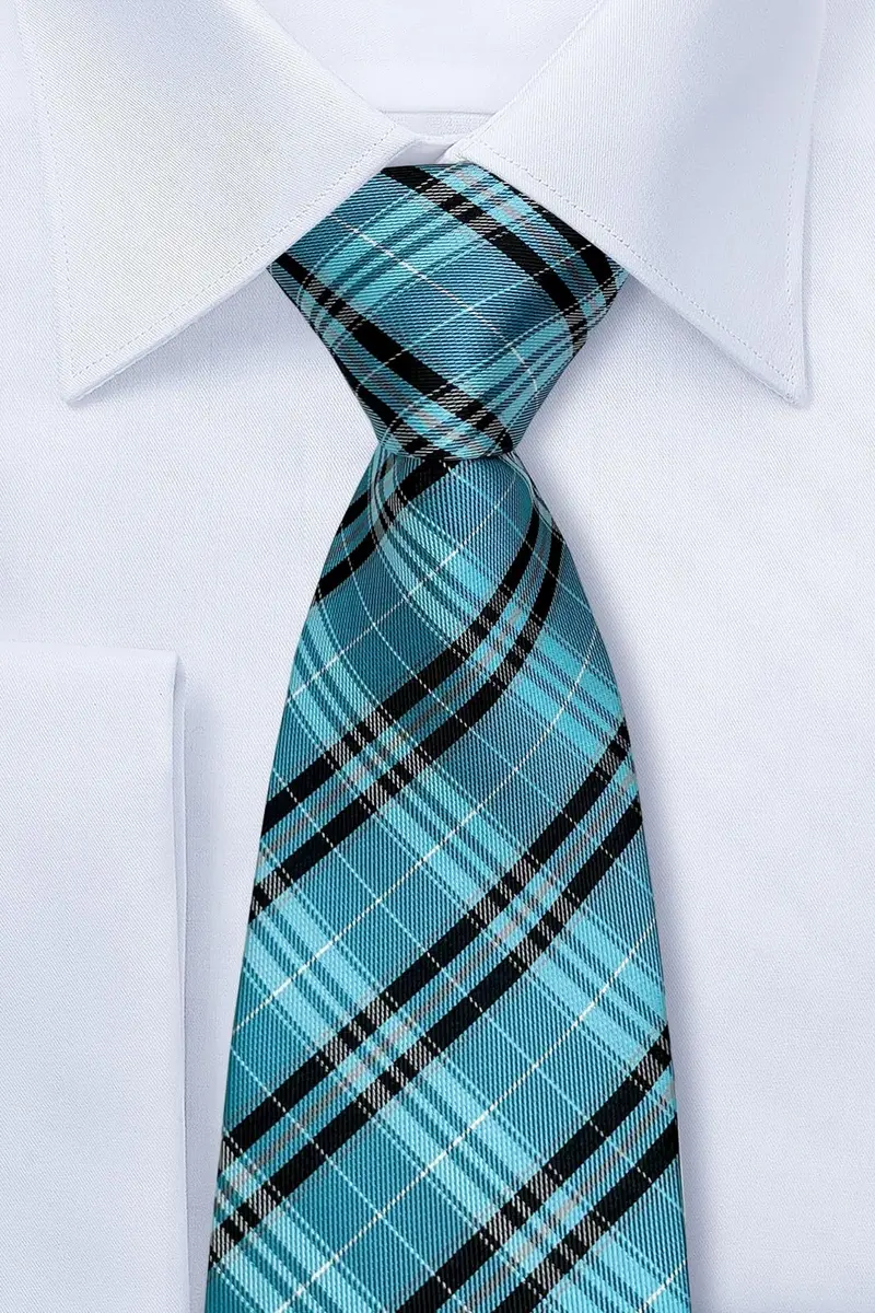 Retreez Plaid Checkered Men's Tie - Turquoise and Black | 8cm (3.15") Width, 148cm (58") Length - view 2