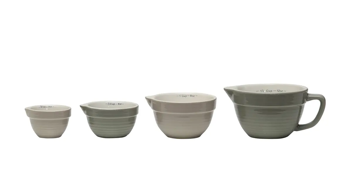 Creative Co-Op Batter Bowl Shaped Measuring Cups in Greys (Set of 4 Sizes) | Vintage-Style Stoneware with V-Spout, Stackable & Dishwasher Safe - main product image