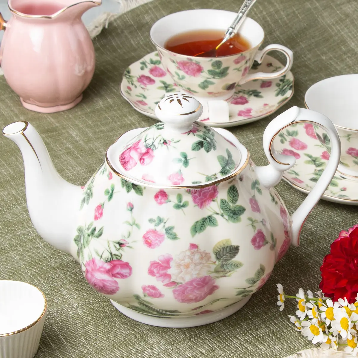 Gracie China Rose Chintz Porcelain 4.5-Cup Teapot Pink Rose Bouquet | Elegant Porcelain Tea Ware - view 2