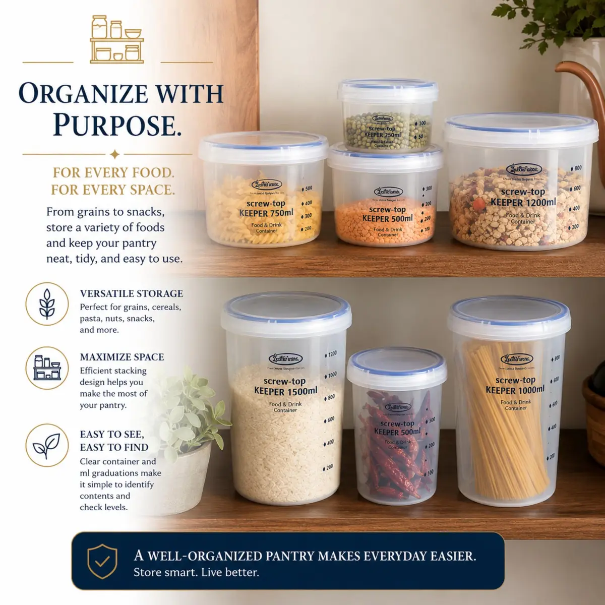 Lustroware Airtight Food Storage Containers with Lids, Set of 3 (17oz, 34oz, 50.7oz) | Nestable BPA-Free Canisters for Pantry Organization - view 9