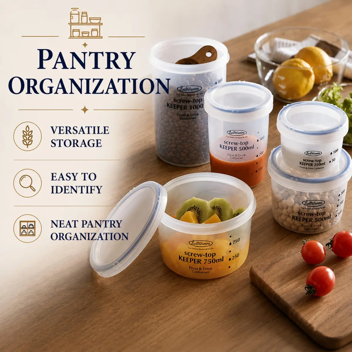 Lustroware Airtight Food Storage Containers with Lids, Set of 3 (17oz, 34oz, 50.7oz) | Nestable BPA-Free Canisters for Pantry Organization - view 3