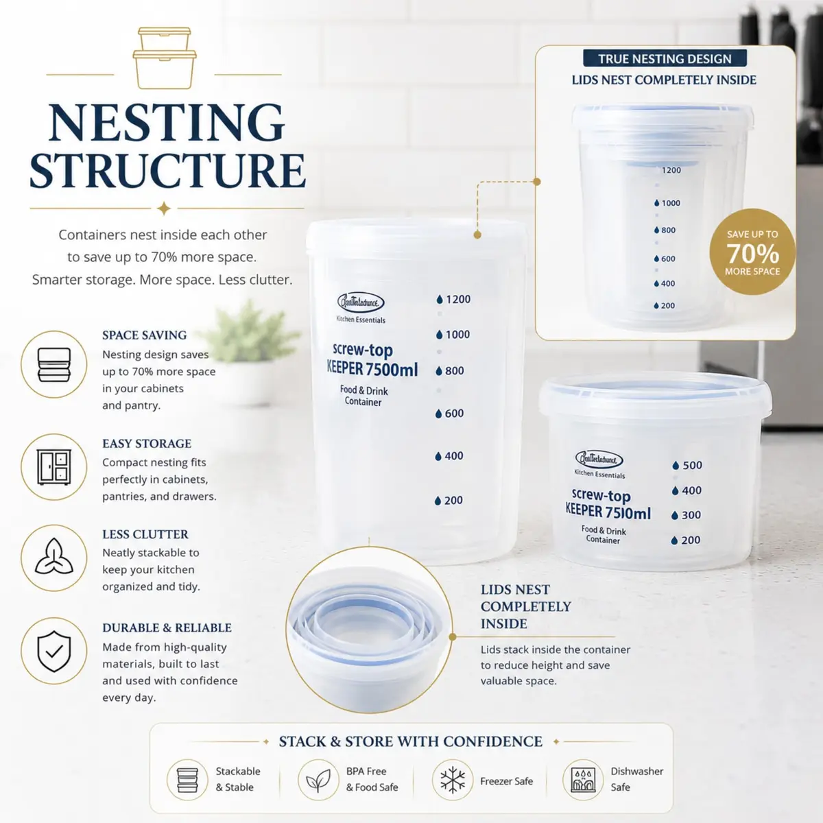 Lustroware Airtight Food Storage Containers with Lids, Set of 3 (17oz, 34oz, 50.7oz) | Nestable BPA-Free Canisters for Pantry Organization - view 4