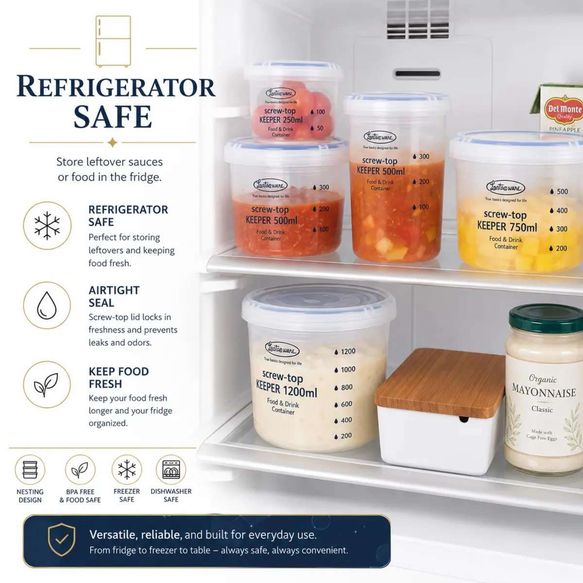 Lustroware Airtight Food Storage Containers with Lids, Set of 3, BPA-Free | Nestable, Leak-Proof, Microwave & Dishwasher Safe - view 8
