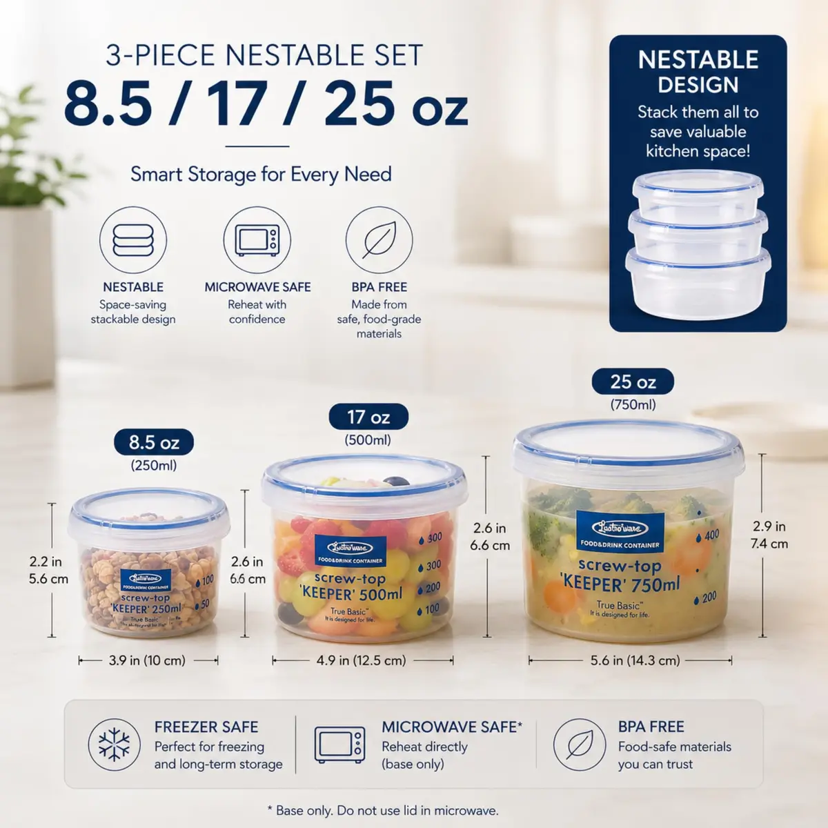 Lustroware Airtight Food Storage Containers with Lids, Set of 3, BPA-Free | Nestable, Leak-Proof, Microwave & Dishwasher Safe - view 4