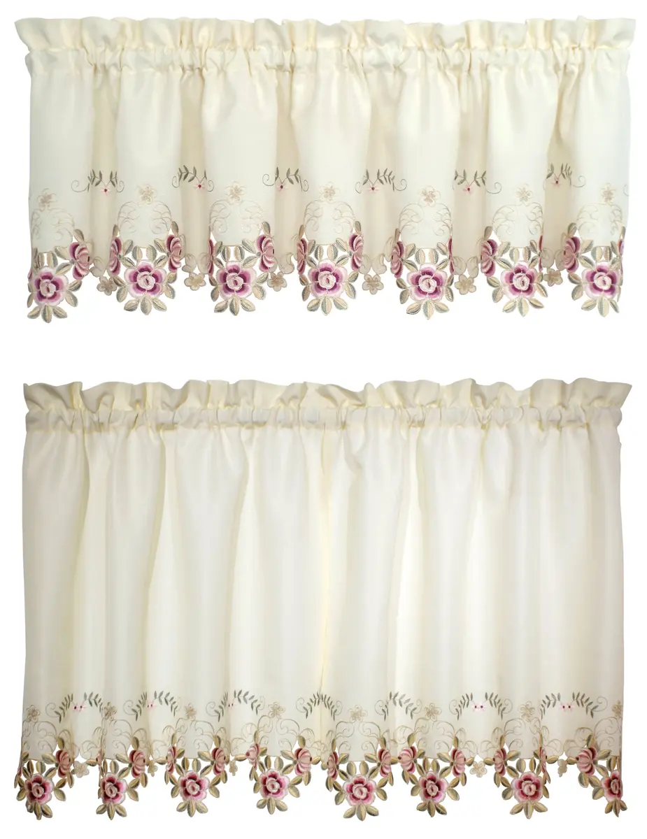 Today's Curtain Verona Reverse Embroidery Tier 60"W x 30"L (152cm x 76cm) | Classic Ecru/Rose Window Tier - main product image