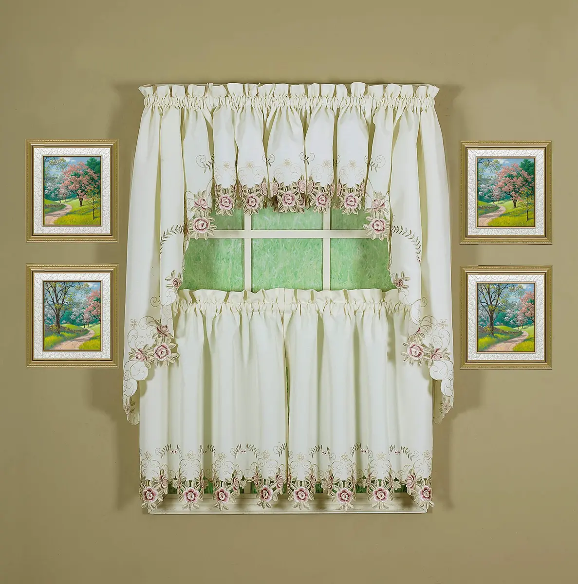 Today's Curtain Verona Reverse Embroidery Tier 60"W x 30"L (152cm x 76cm) | Classic Ecru/Rose Window Tier - view 5