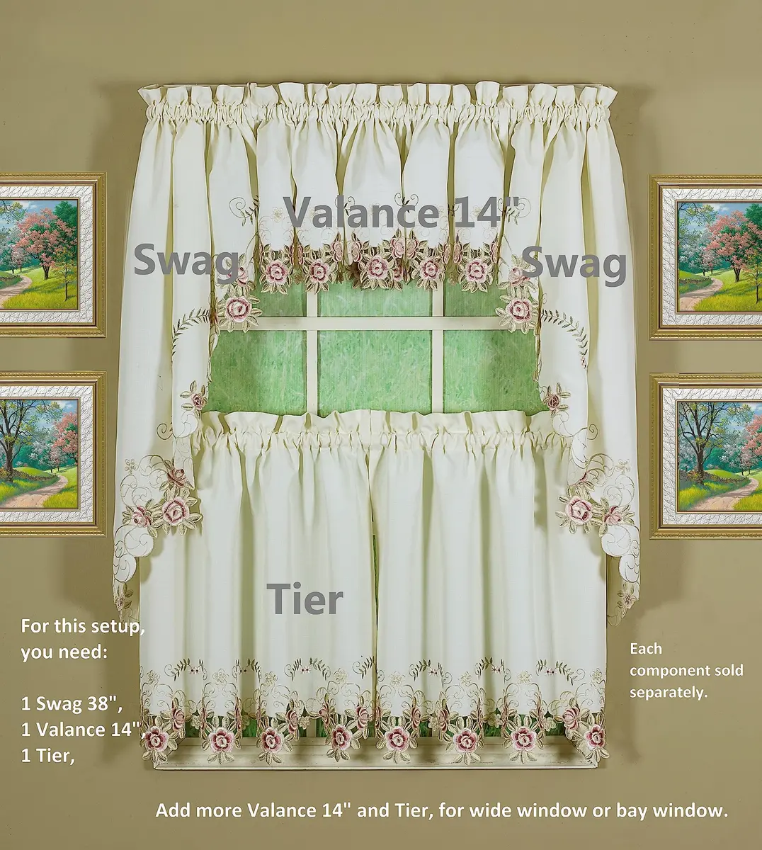 Today's Curtain Verona Reverse Embroidery Tier 60"W x 30"L (152cm x 76cm) | Classic Ecru/Rose Window Tier - view 6