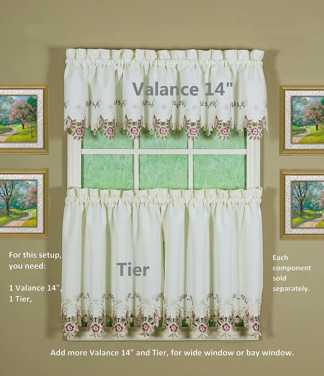 Today's Curtain Verona Reverse Embroidery Tier 60"W x 30"L (152cm x 76cm) | Classic Ecru/Rose Window Tier - view 7