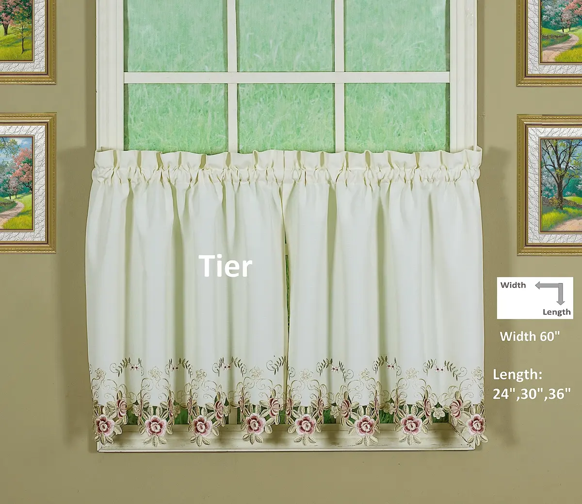 Today's Curtain Verona Reverse Embroidery Tier 60"W x 30"L (152cm x 76cm) | Classic Ecru/Rose Window Tier - view 2