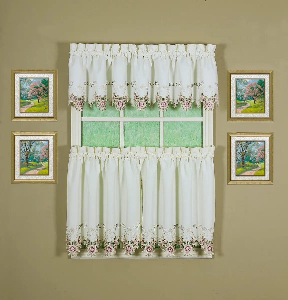 Today's Curtain Verona Reverse Embroidery Tier 60"W x 30"L (152cm x 76cm) | Classic Ecru/Rose Window Tier - view 4