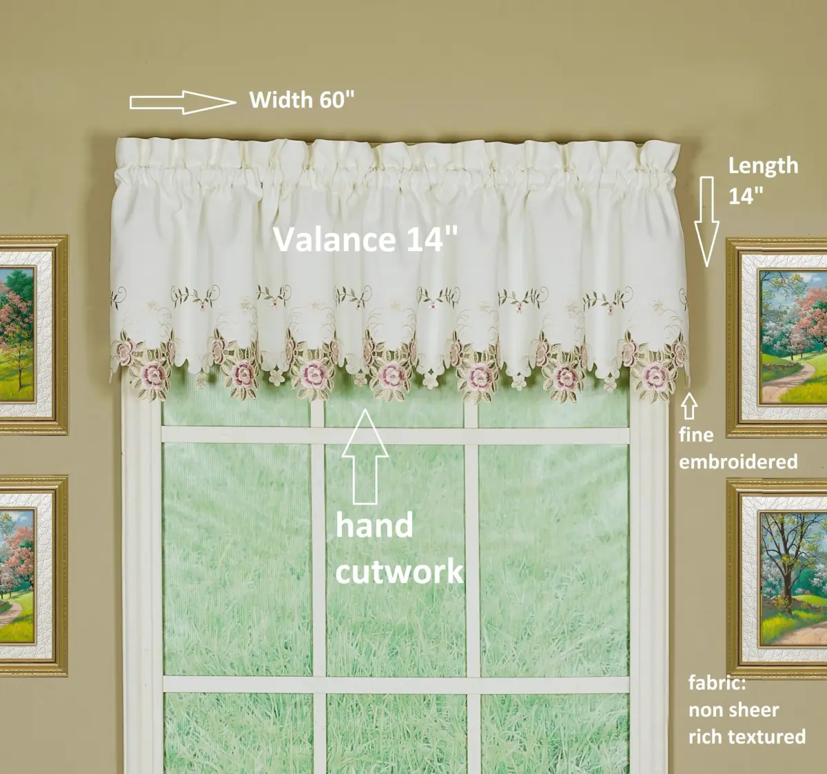 Today's Curtain Verona Reverse Embroidery Valance 156 cm (60"W x 14"L) | Classic Ecru/Rose Window Valance - view 2