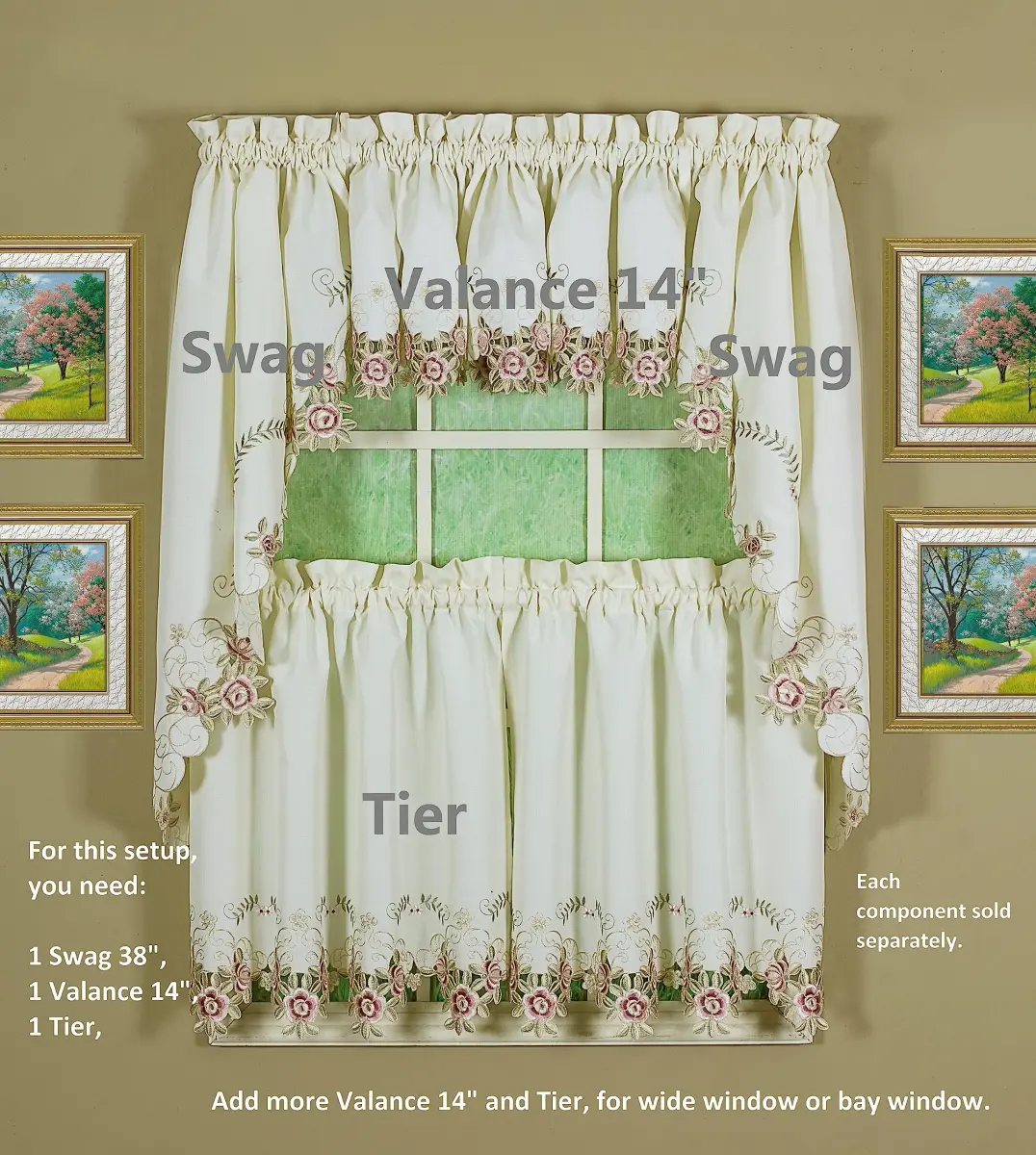 Today's Curtain Verona Reverse Embroidery Valance 156 cm (60"W x 14"L) | Classic Ecru/Rose Window Valance - view 4