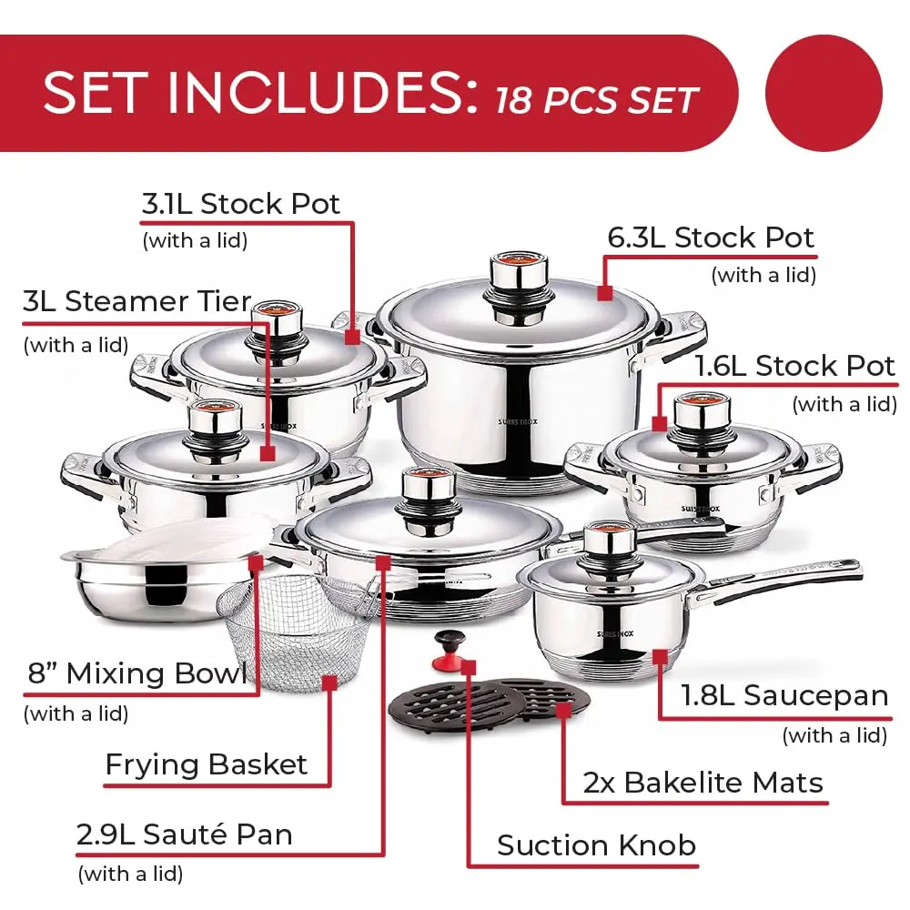 Swiss Inox 18-Piece Stainless Steel Cookware Set | Induction Compatible, 9-Ply Construction, European Design (120c) - view 2