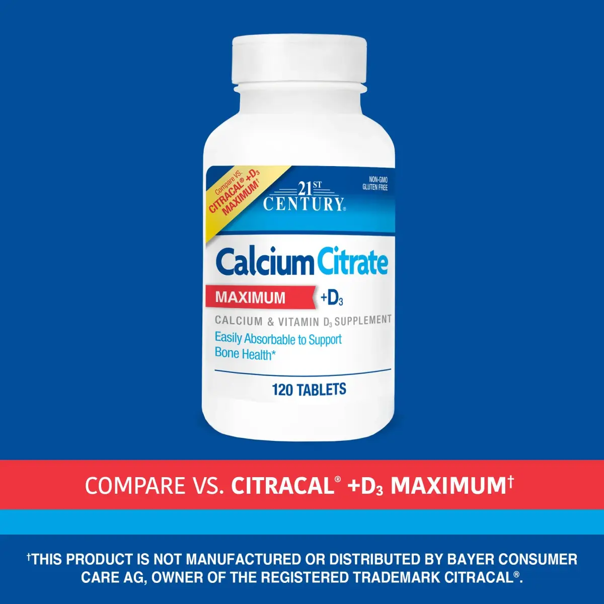 21st Century Calcium Citrate Plus D Maximum Caplets, 120 Count (630 mg Calcium / 500 IU D3) | Bone Health Support - view 2