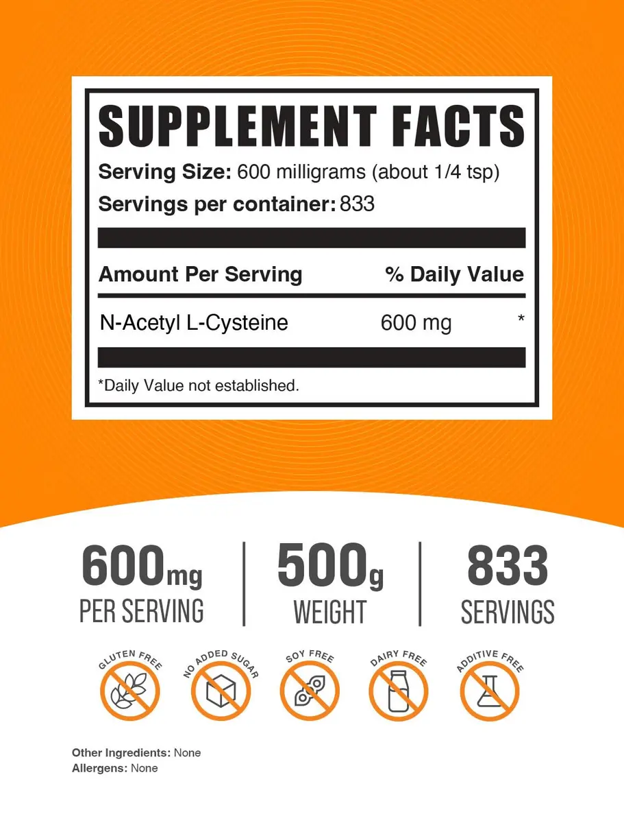 BulkSupplements N-Acetyl Cysteine (NAC) Powder 500g | Unflavored, Antioxidant Support for Adults - view 2